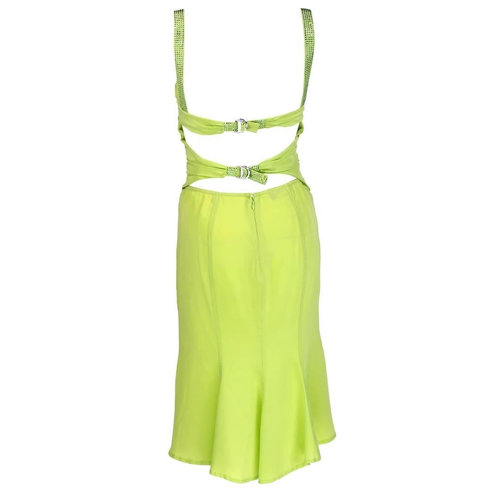 Lifetime Versace ensemble  - new with tags . 100% silk in chartreuse with green rhinestones. Halter style blouse with adjustable straps with fluted hem skirt, Super sexy - shirring detail - very body con.