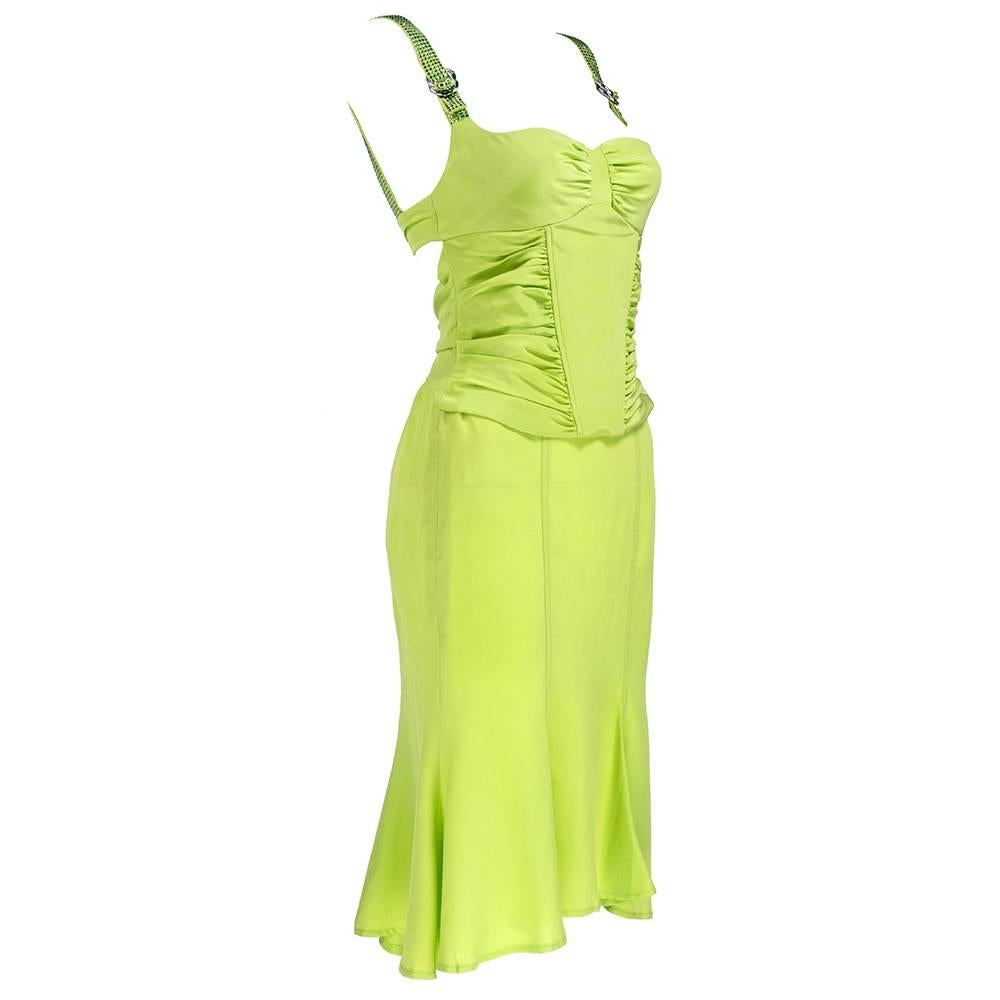 Yellow Versace 90s Chartreuse Silk Ensemble with Rhinestones