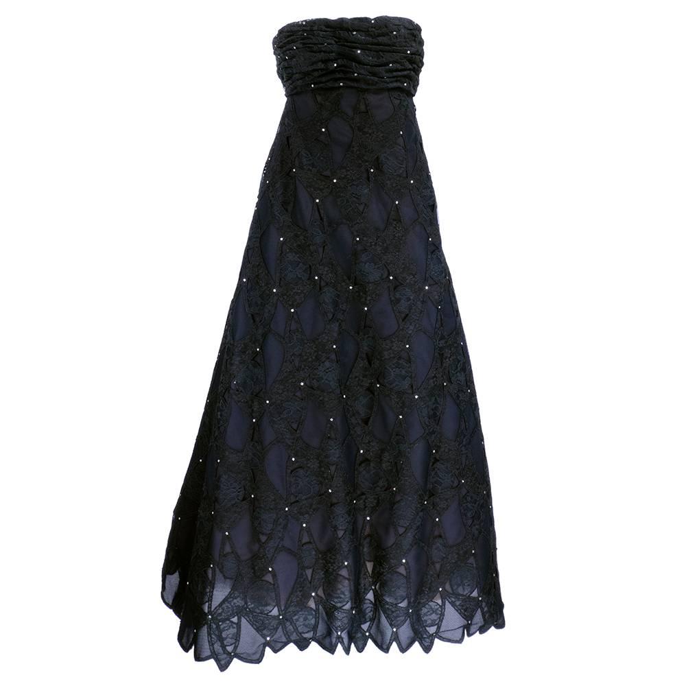 Scaasi 80s Black Lace Strapless Gown with Rhinestones For Sale