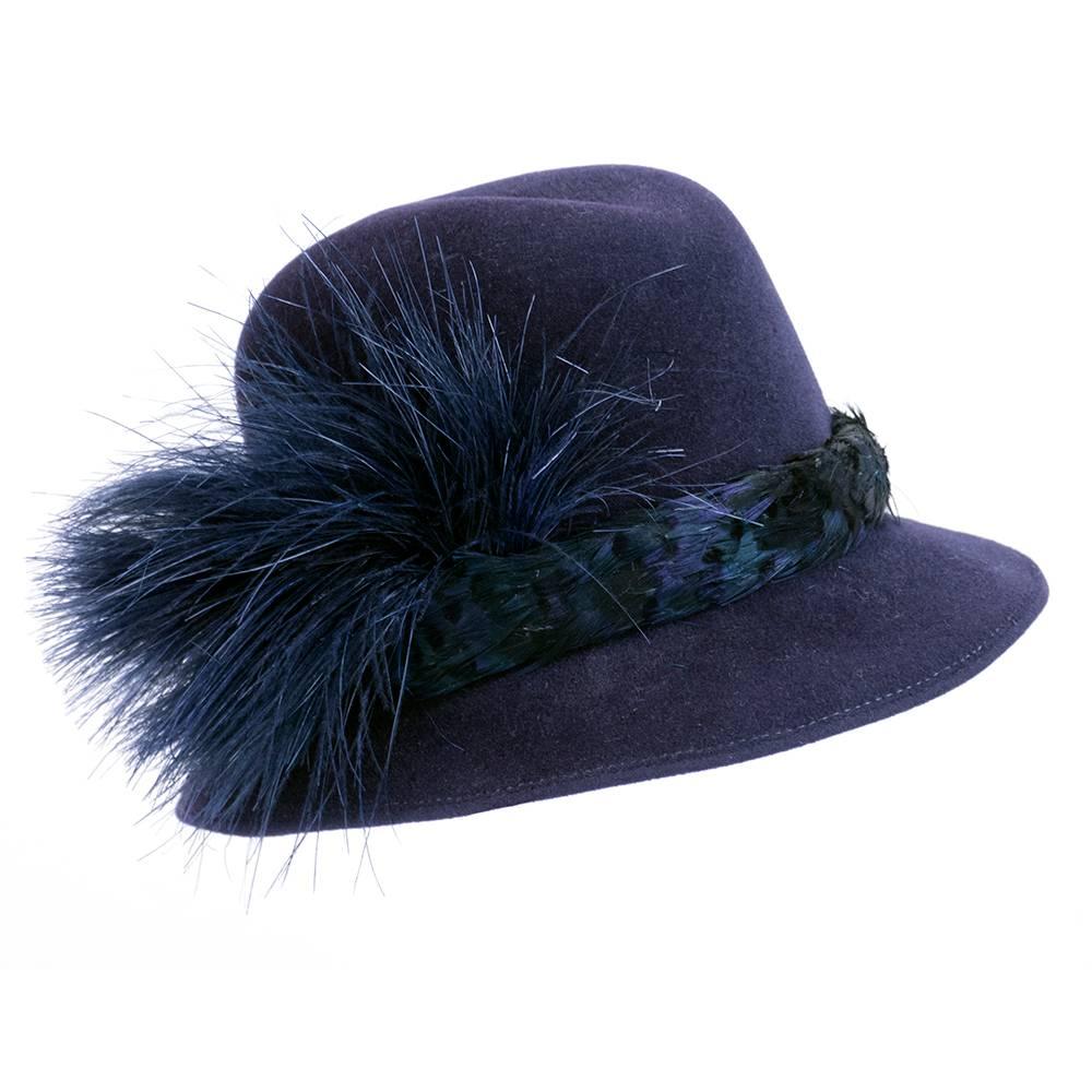 Jack McConnell 80s Blue Felt Fedora with Feathers For Sale