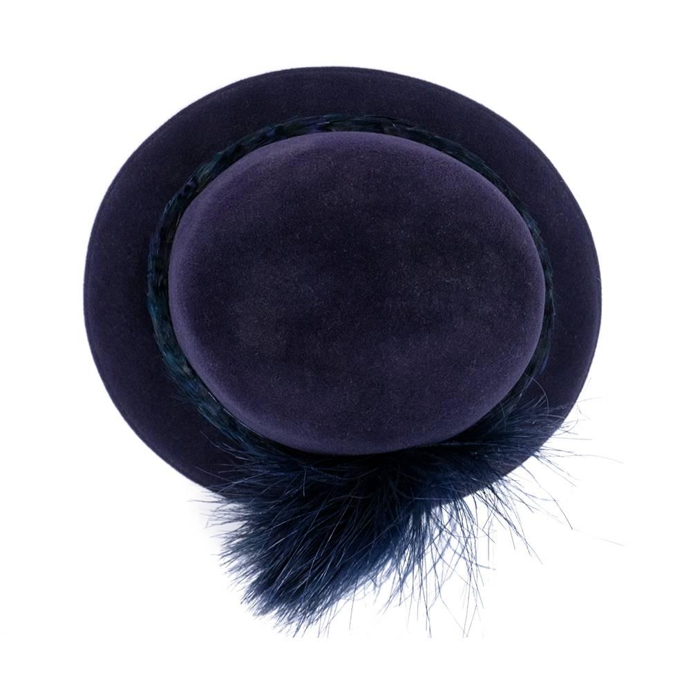 80s Blue Felt Fedora with Feathers.  Winter blue feather band. By the millinery master Jack McConnell. Fits medium size head circumference 22 1/2
