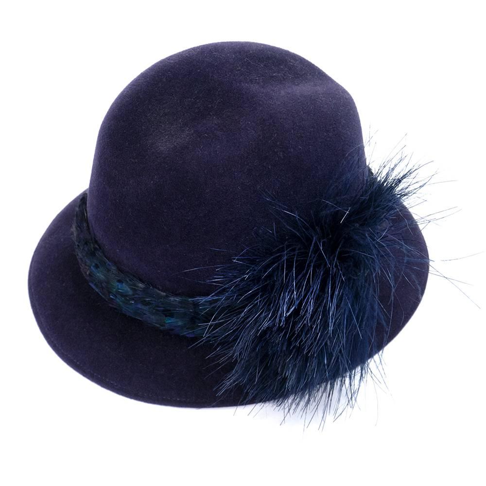 Black Jack McConnell 80s Blue Felt Fedora with Feathers For Sale