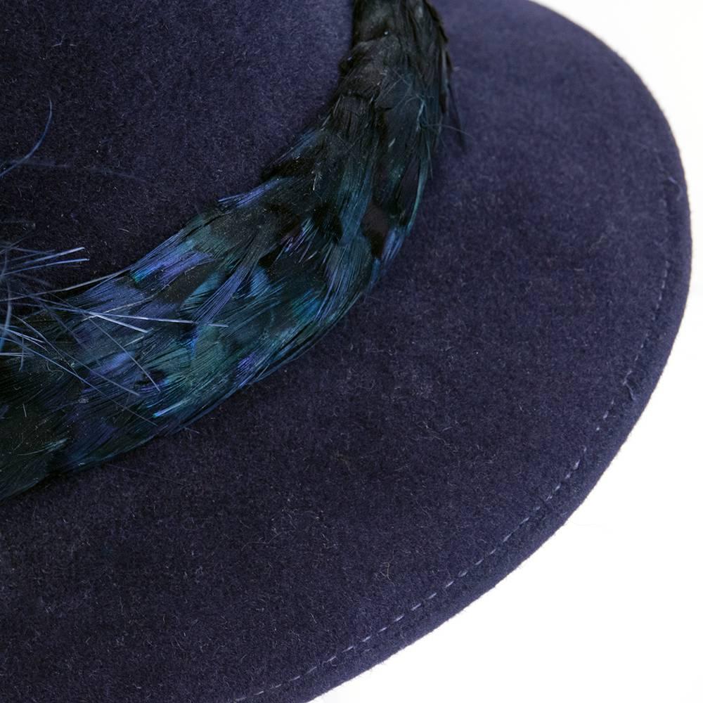 Jack McConnell 80s Blue Felt Fedora with Feathers In Excellent Condition For Sale In Los Angeles, CA