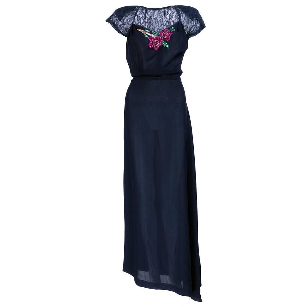 1940s Black Crepe Evening Gown with Sequin Applique For Sale