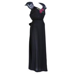 1940s Black Crepe Evening Gown with Sequin Applique