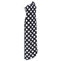 Adolfo 80s Black and Polka Dot One Shoulder Gown