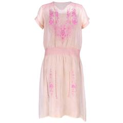 1920s Pink Cotton Smocked Peasant Dress