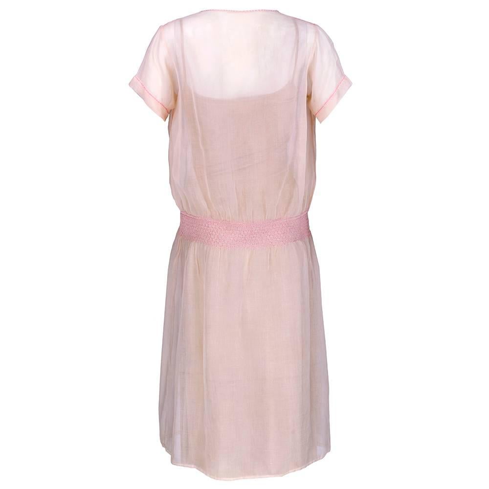 Beige 1920s Pink Cotton Smocked Peasant Dress