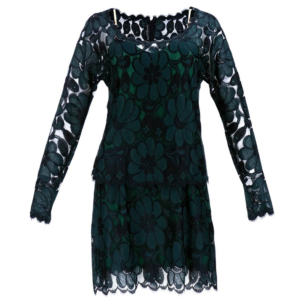 Geoffrey Beene 80s Black and Green Lace Cocktail Dress For Sale