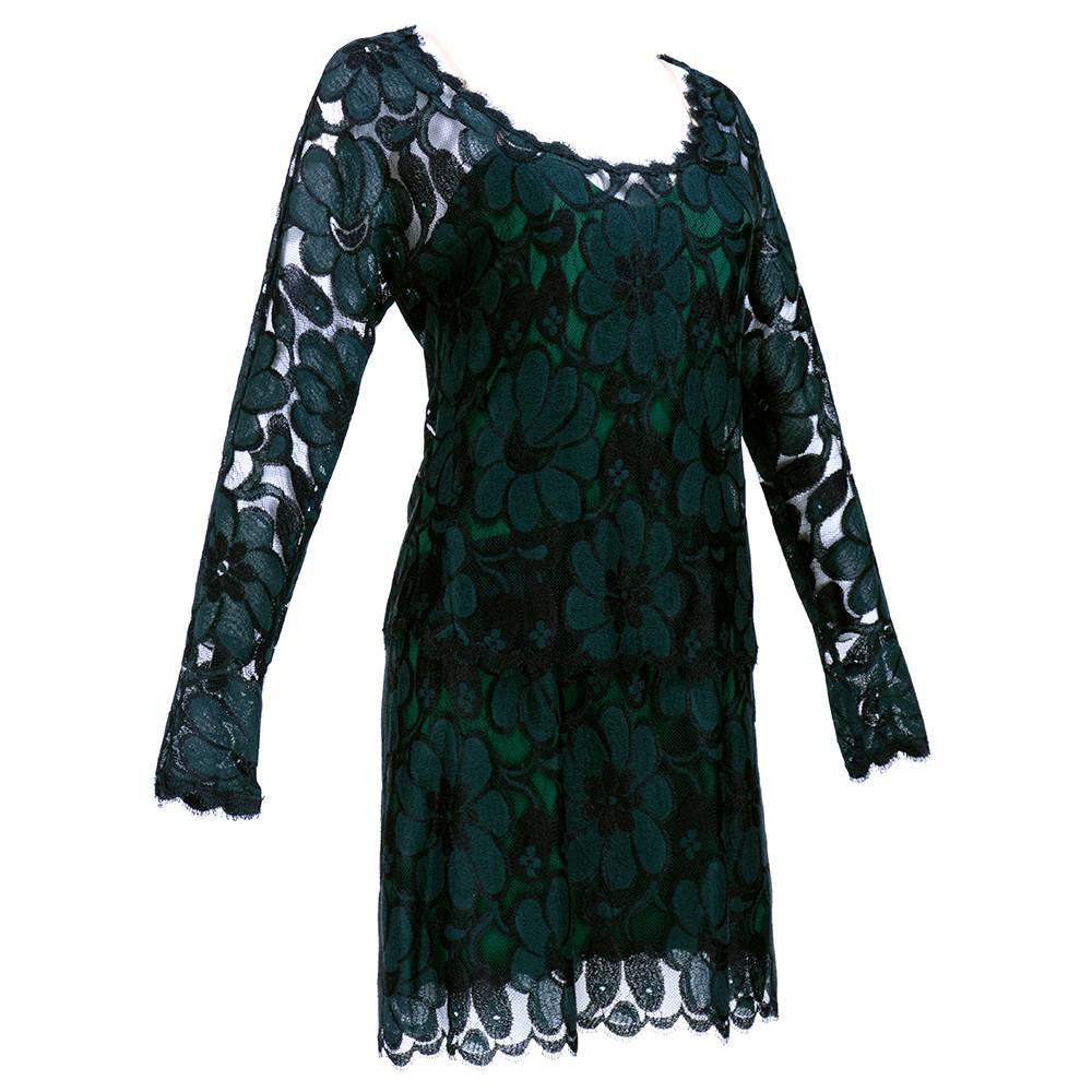 Geoffrey Beene 80s Black and Green Lace Cocktail Dress In Excellent Condition For Sale In Los Angeles, CA