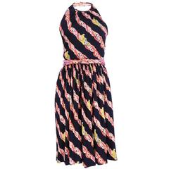 Donald Brooks 70s Silk Halter Dress with Beaded Belt and Scarf