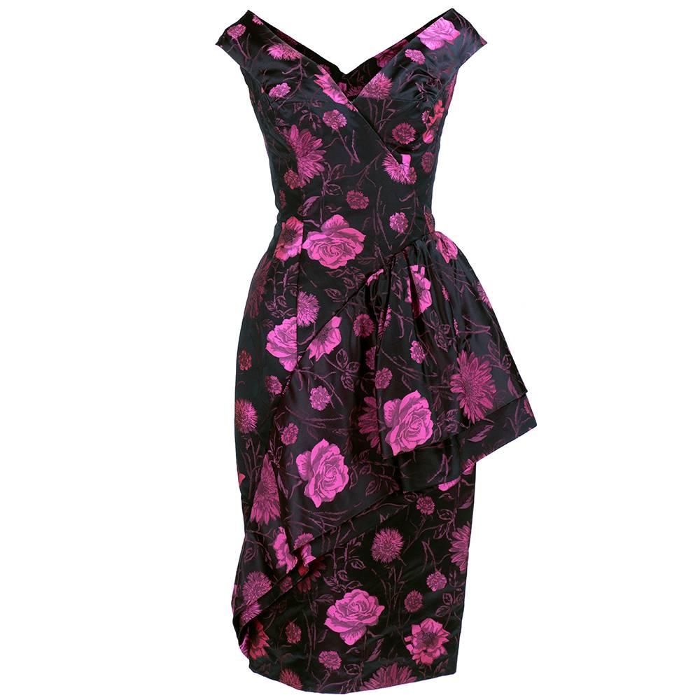 50s Black and Pink Floral Jacquard Cocktail Dress For Sale