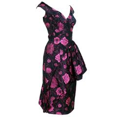 50s Black and Pink Floral Jacquard Cocktail Dress
