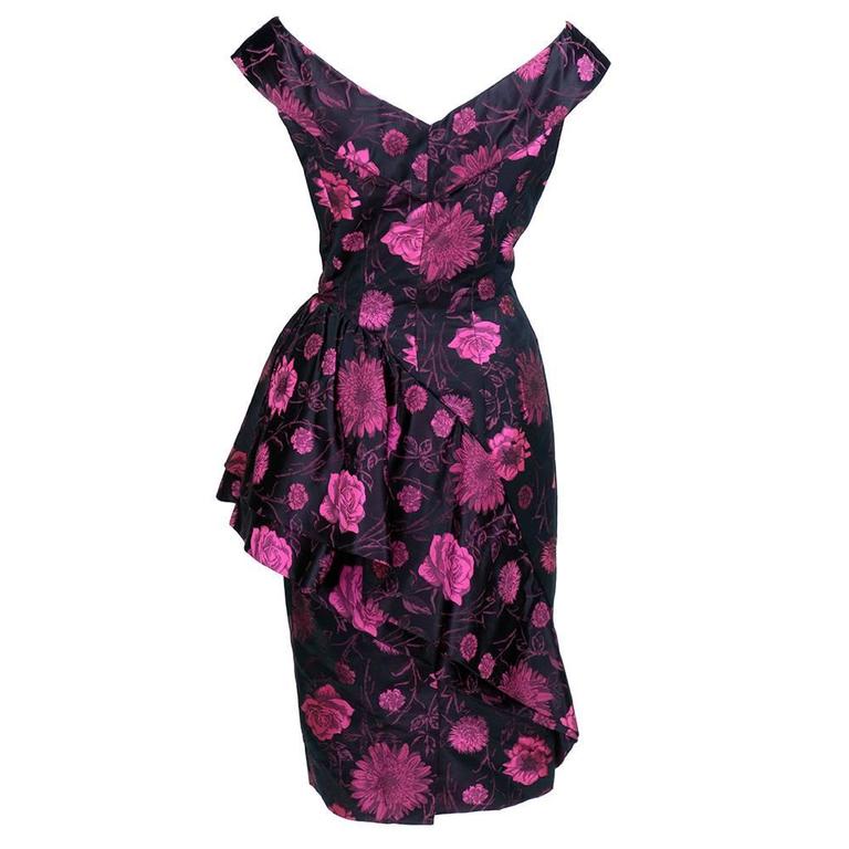 50s Black and Pink Floral Jacquard Cocktail Dress For Sale at 1stDibs