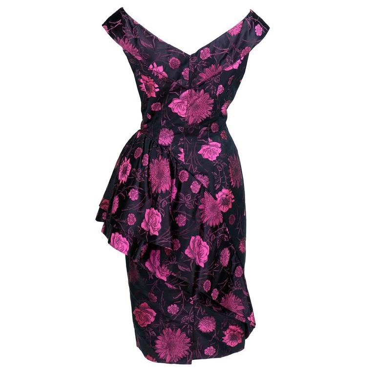 1960s Black Pink Floral Gathered Front Cocktail Dress