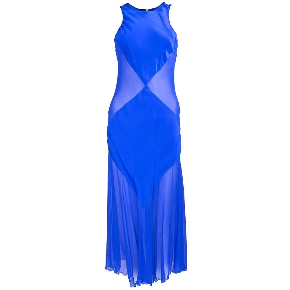 Tarlazzi 90s Blue Silk and Chiffon Bias Cut Dress