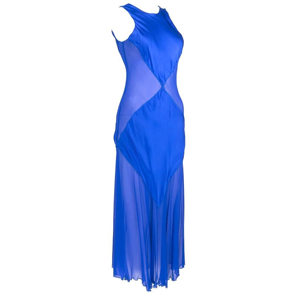 Body con slip dress in silk and chiffon by Angelo Tarlazzi. Sexy sheer panels at sides.  Featherweight and perfect for summer nights. Sizing flexible due to bias cut.