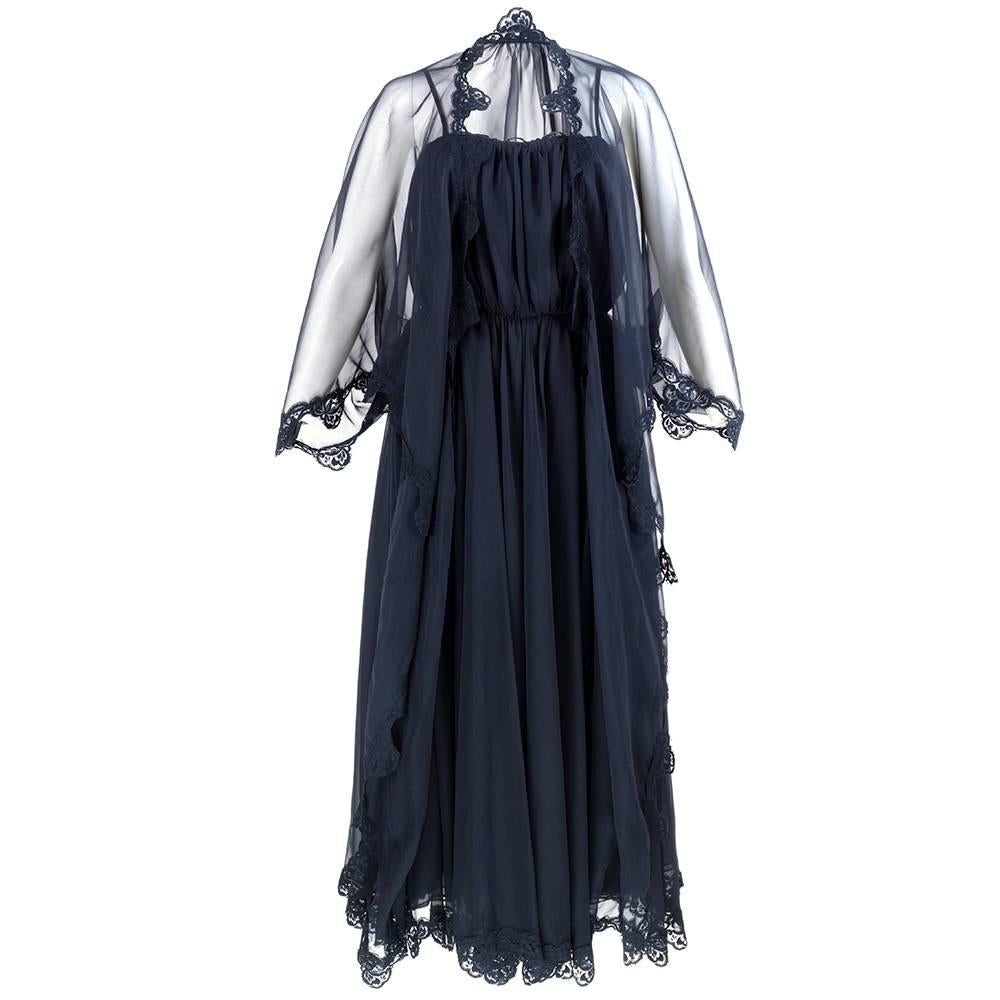 Frank Usher 70s Black Chiffon Evening Dress For Sale