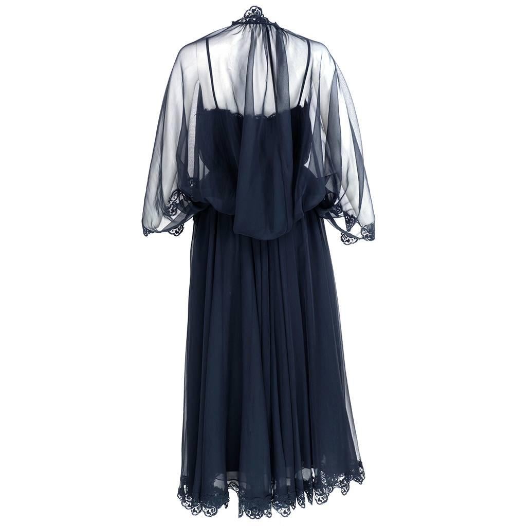 Frank Usher 70s Black Chiffon Evening Dress In Excellent Condition For Sale In Los Angeles, CA