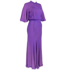 Ossie Clark 70s Purple Moss Crepe Maxi Dress