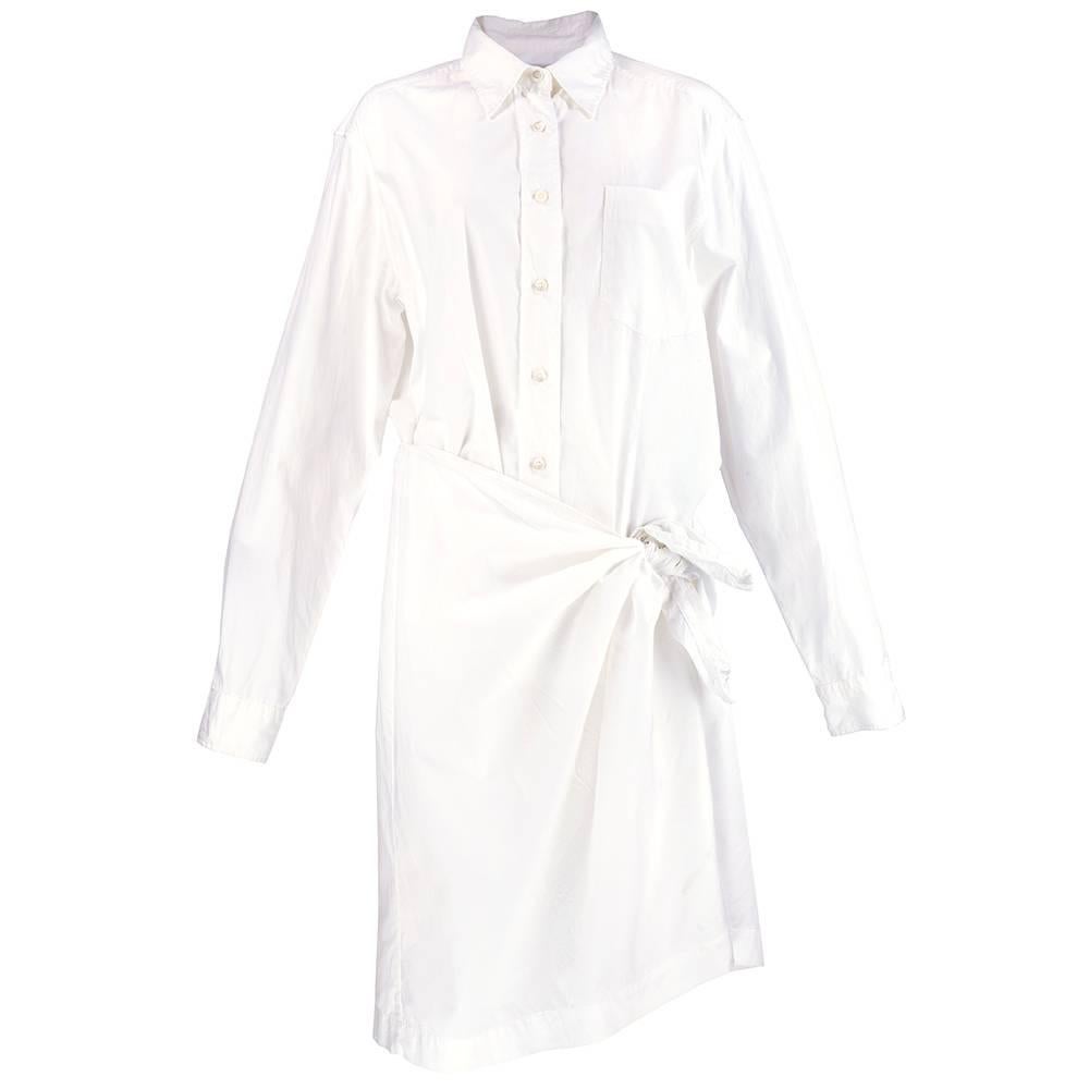 Dries Van Noten 90s White Cotton Wrap Shirt Dress For Sale