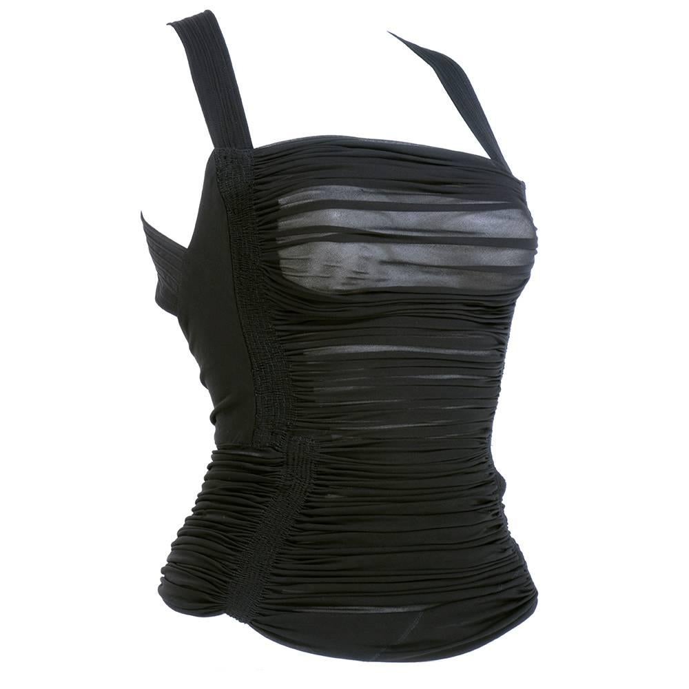 Lightweight stretch jersey Alaia top. Ruched top to bottom with criss cross straps. Fully boned with hook and eye closure. Super sexy like only Alaia can do.