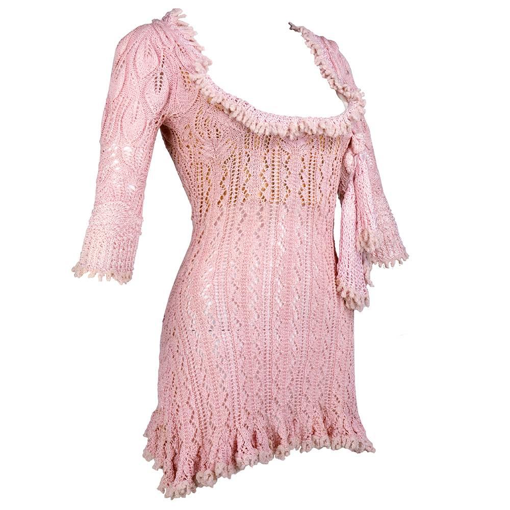Early 90s extreme coolness from Vivienne Westwood. Pink crochet body con mini with fully boned corset top. Inner corset zips under back zip on dress. A few scattered spots. Not visible when worn.