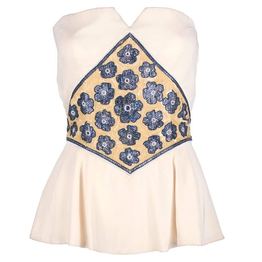 Lanvin 90s Ivory Beaded Strapless Top For Sale
