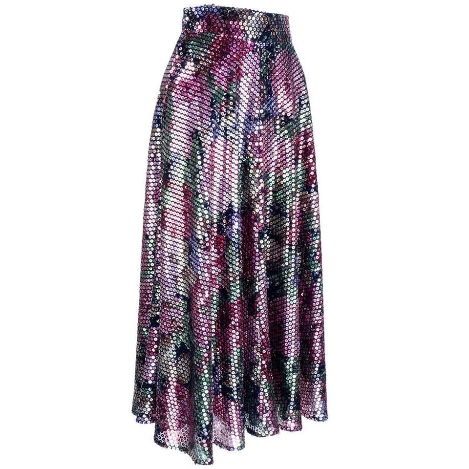 Krizia 70s Rainbow Floral Sequin Full Skirt at 1stDibs