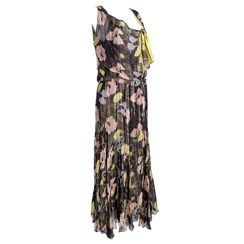 Drop dead gorgeous 1930s gown of black and gold lame with chartreuse accents. Deco floral motif. Wonderful rhinestone encrusted belt buckle. Beautifully draped. 
