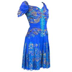 90s Zandra Rhodes Blue Silk Screened Dress with Scarf