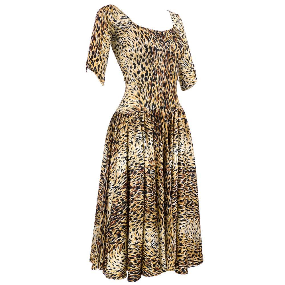Beige 80s Norma Kamali Iconic Leopard Print Jersey Dress For Sale