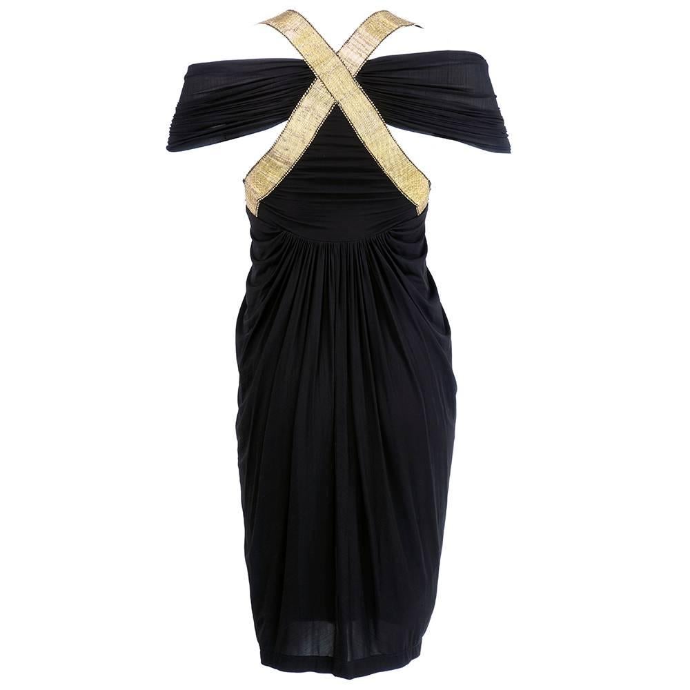 Recent super sexy goddess style cocktail dress by Donna Karan. Rayon spandex jersey beautifully draped and trimmed with wide gold metallic bands. Petite size - slip on over head.