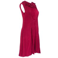 80s Galanos Red Pleated Chiffon Cocktail Dress with Ruff