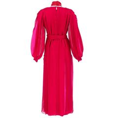 80s Galanos Red and Pink Chiffon Gown with Bow Choker and Belt