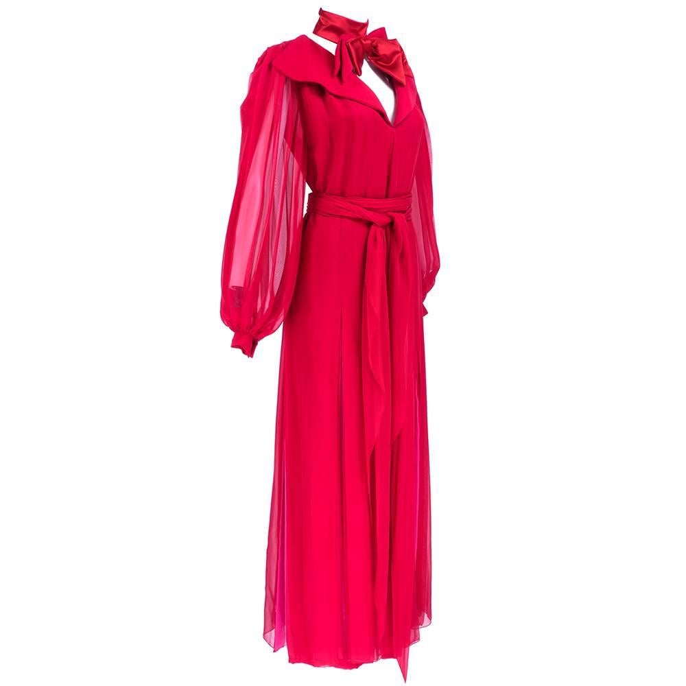 80s Galanos Red and Pink Chiffon Gown with Bow Choker and Belt In Excellent Condition In Los Angeles, CA