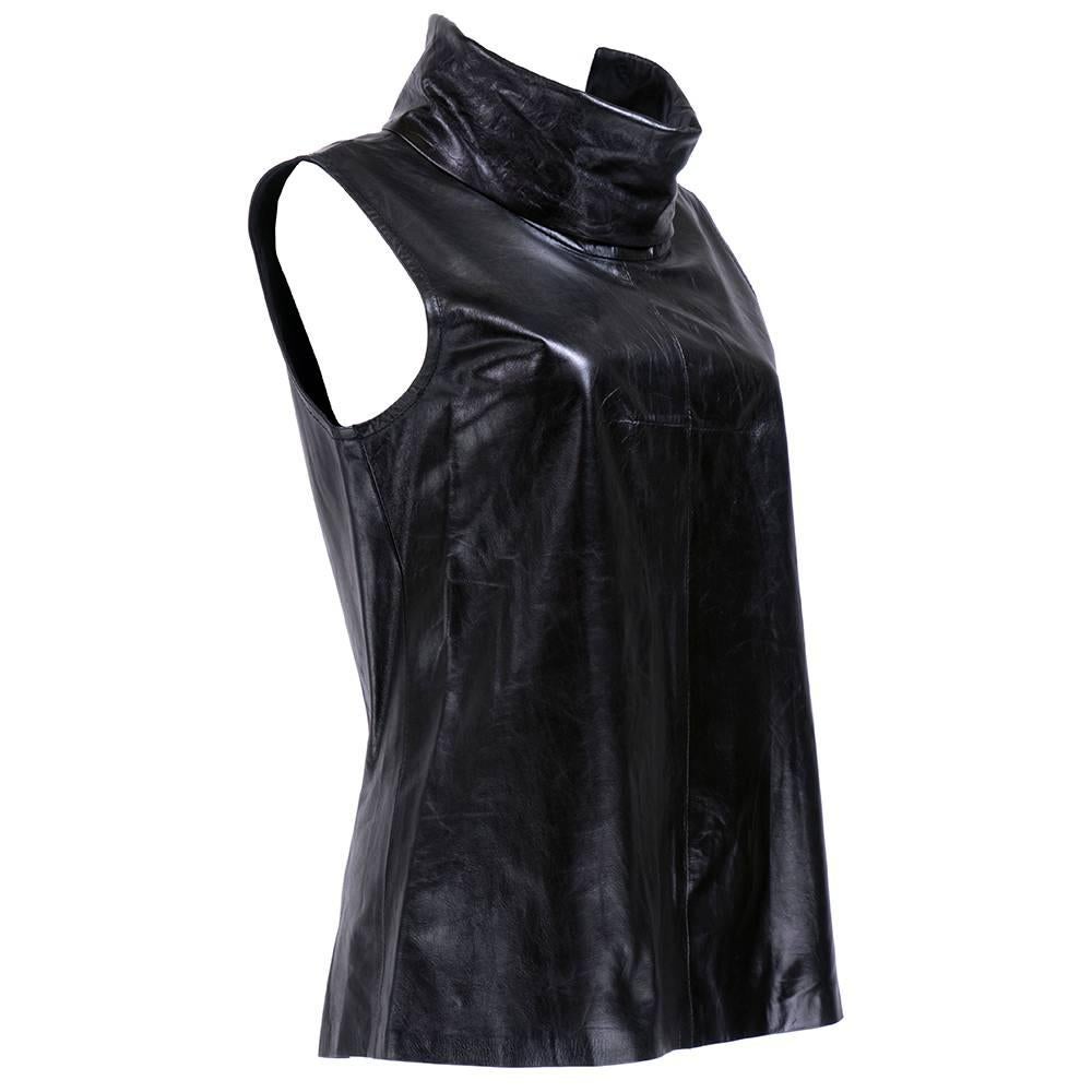 Wonderfully constructed fine leather tunic with roll down funnel neck. Unlined and zips up back.