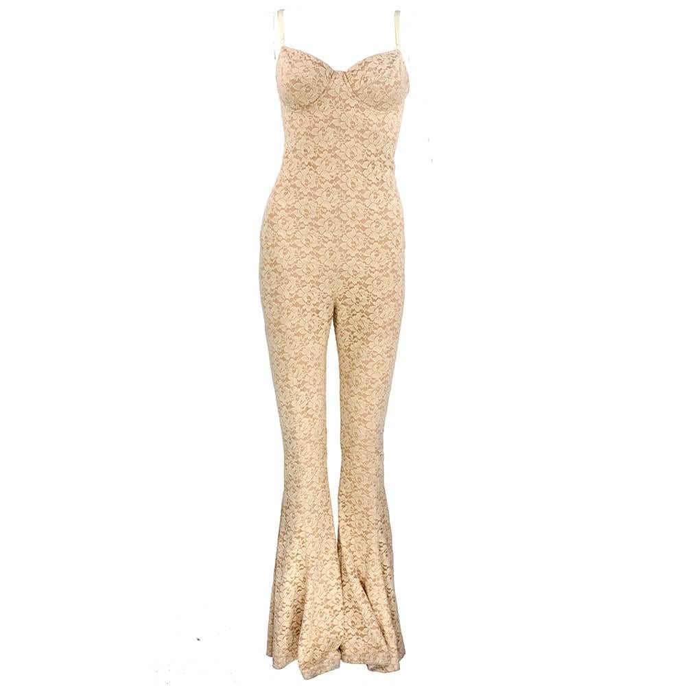 1990s Norma Kamali Nude Stretch Lace Catsuit