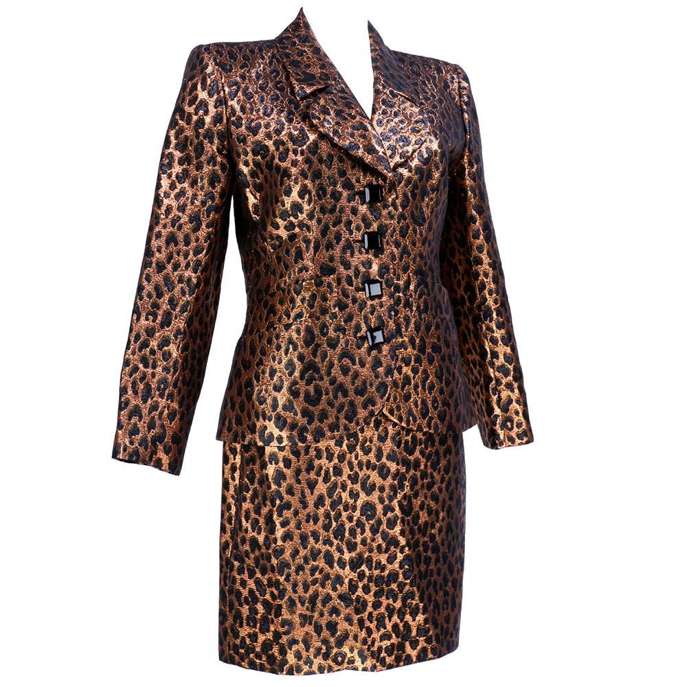 Black 1980s Yves saint Laurent Rive Gauche Metallic Leopard Print Suit For Sale