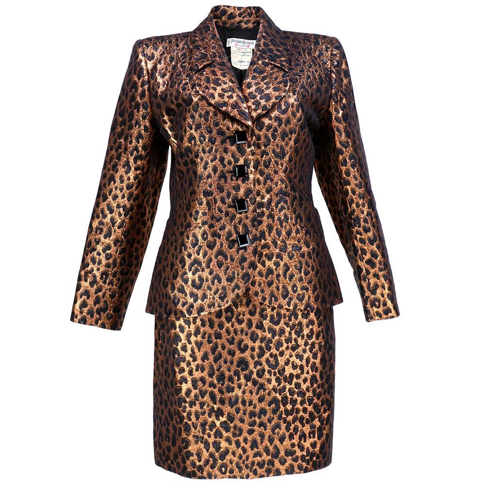 1980s Yves saint Laurent Rive Gauche Metallic Leopard Print Suit For Sale