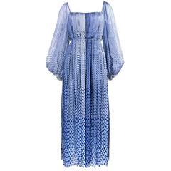 1970s Galanos Blue and White Polka Dot Chiffon Dress