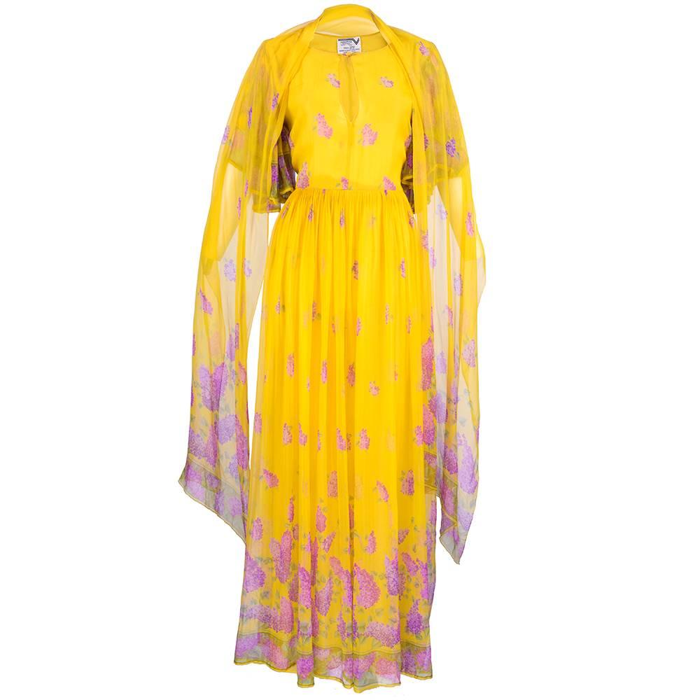 70s Valentino Yellow Floral Chiffon Gown With Wrap