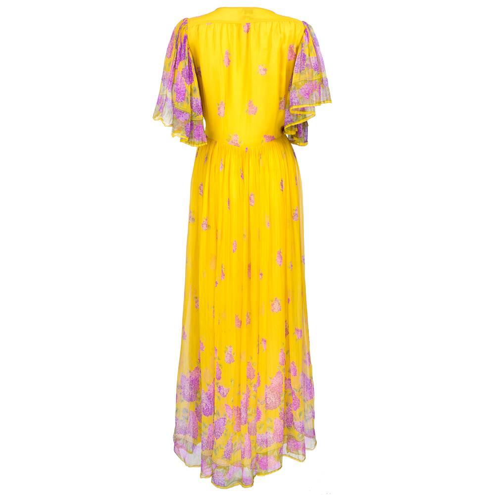 Women's 70s Valentino Yellow Floral Chiffon Gown With Wrap
