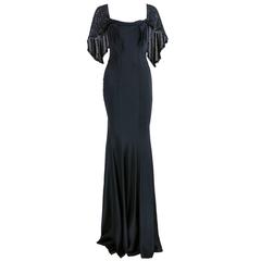 GALLIANO Black Bias Satin Gown & Attached Capelet