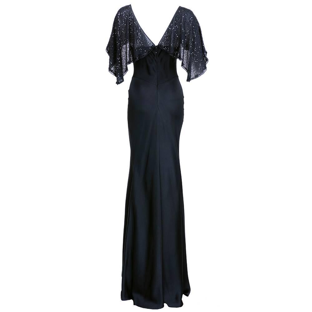 GALLIANO Black Bias Satin Gown & Attached Capelet In New Condition In Los Angeles, CA