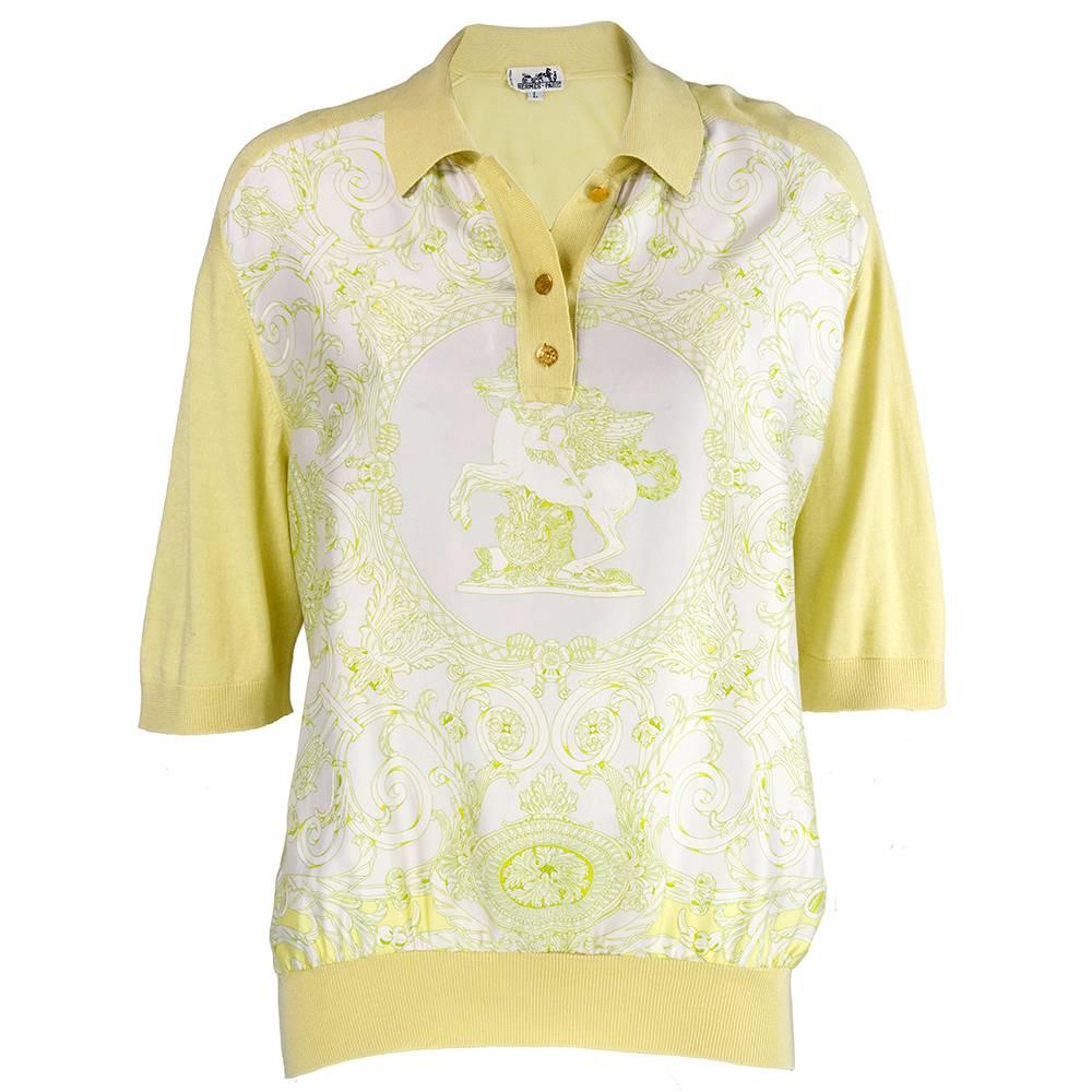 90s HERMES  Polo-Silk Scarf-Print Knit Top For Sale