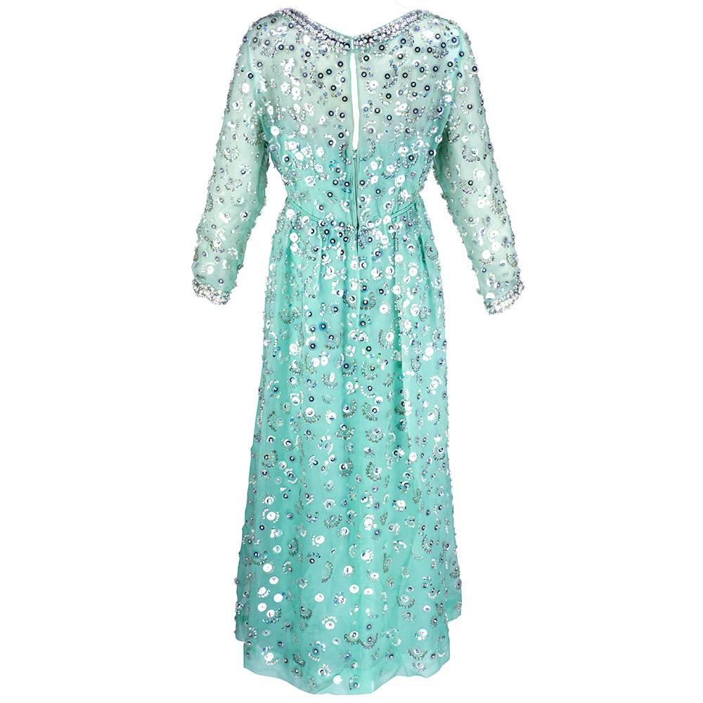 60s Malcolm Starr Sea foam Green Organza Embellished Gown In Excellent Condition In Los Angeles, CA