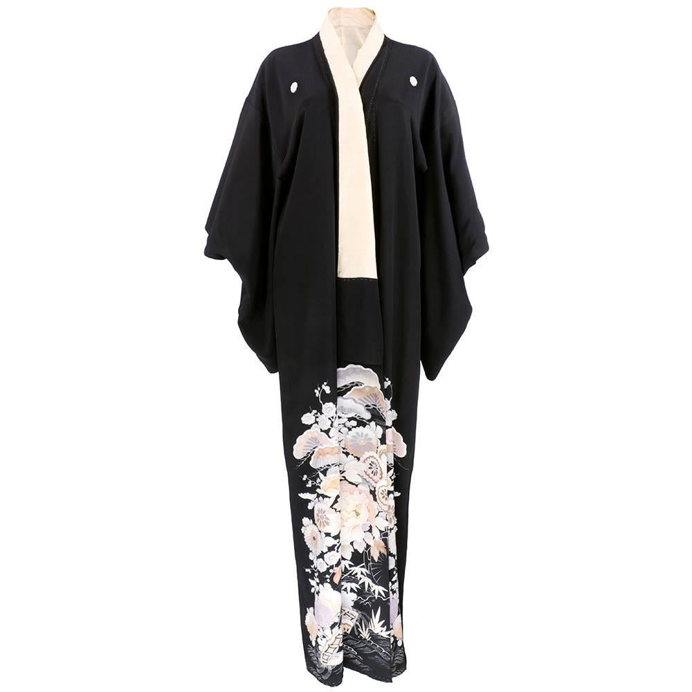 Black Silk Kimono With Floral Print For Sale