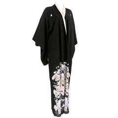 Black Silk Kimono With Floral Print