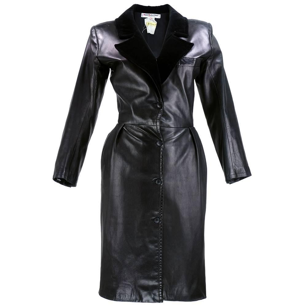 80s Saint Laurent Rive Gauche  Black Leather Coat Dress